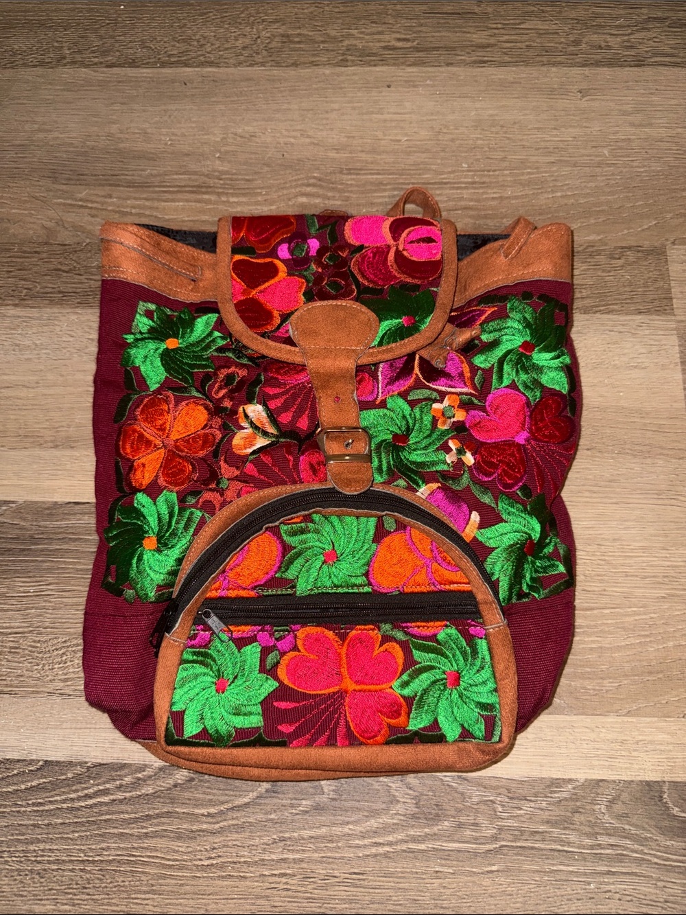 Embroidered Floral Backpack in Red & Brown